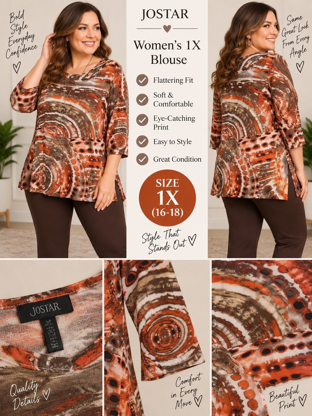 Jostar women's 1X orange patterned long sleeve blouse #32